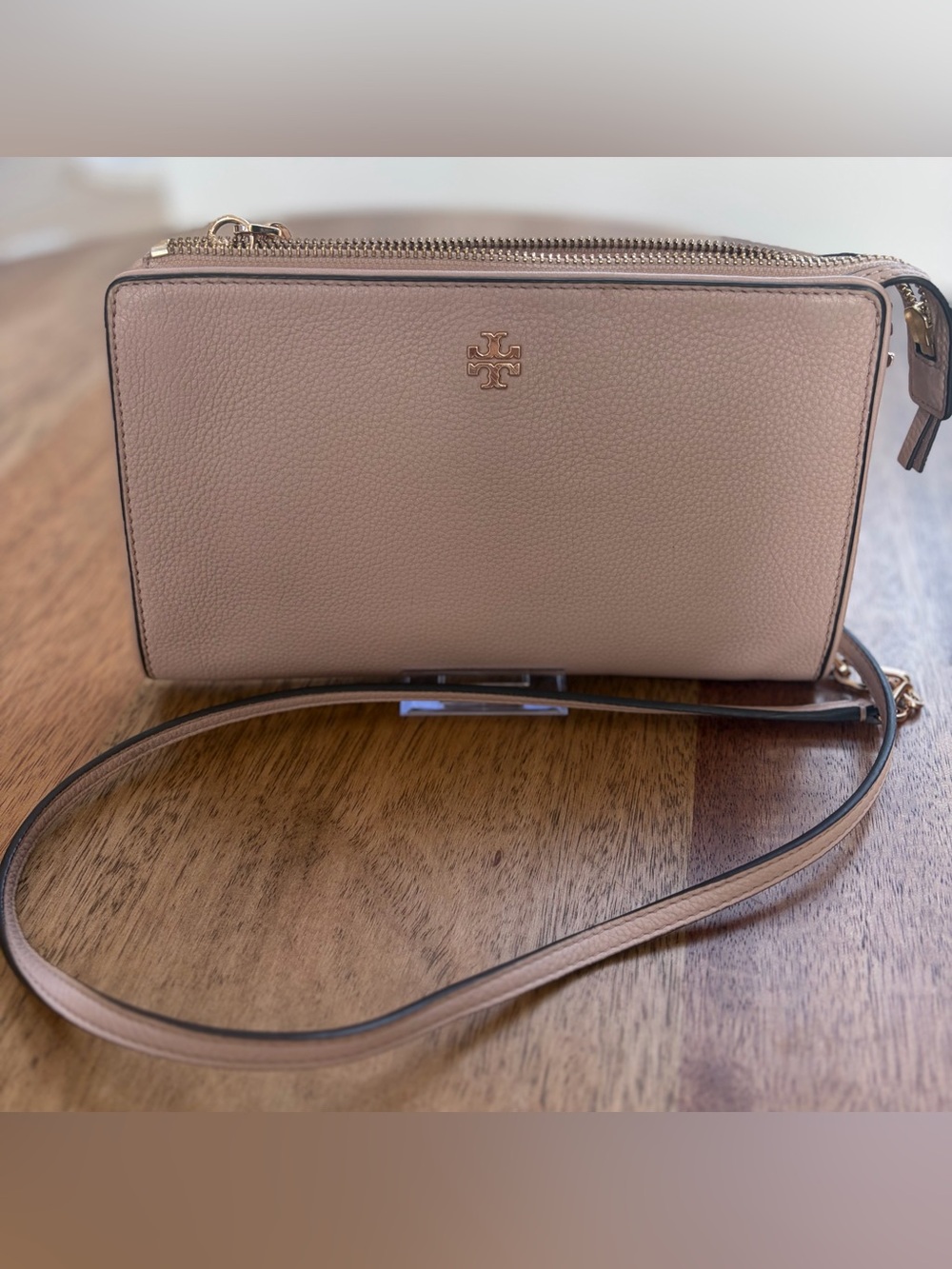 Tory Burch Blush Pink Pebbled Leather Crossbody Clutch Gold Hardware